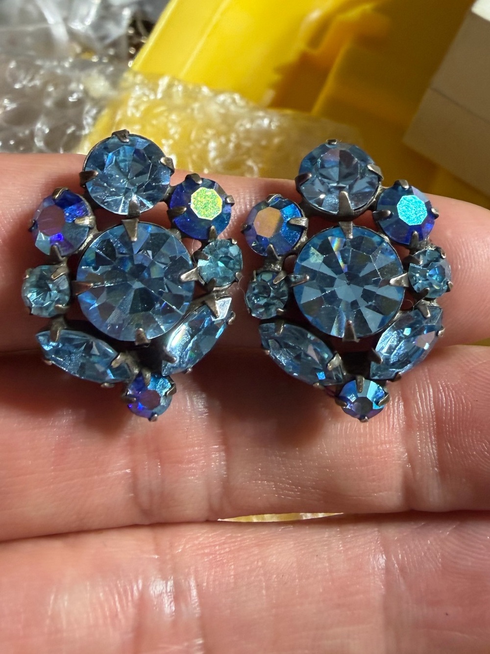 Vintage Blue Crystal Cluster Clip-On Earrings